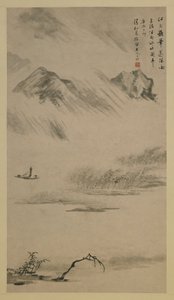 雨の川の風景、安徽省、中国、清王朝、1687年（紙にインク）